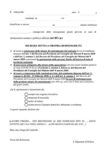 AUTOCERTIFICAZIONE SPOSTAMENTI | aggiornato al 17.03.2020