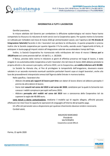 Informativa per FIS e Bonus 2020 Saltatempo