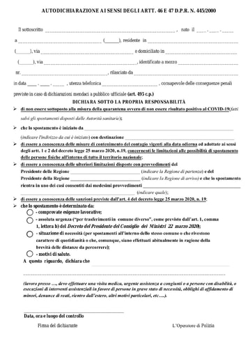 AUTODICHIARAZIONE SPOSTAMENTI | aggiornato al 26.03.2020