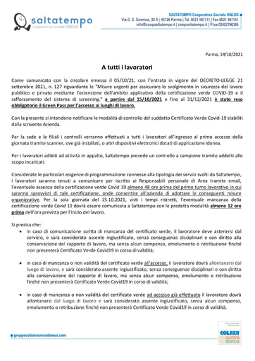 Modalità di controllo GREEN PASS | dal 15.10.2021