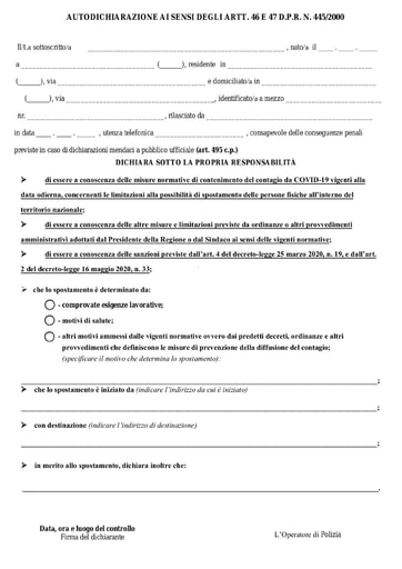 AUTODICHIARAZIONE SPOSTAMENTI | aggiornato al 04.11.2020 | modello editabile