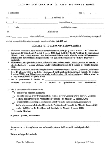 AUTODICHIARAZIONE SPOSTAMENTI | aggiornato al 23.03.2020