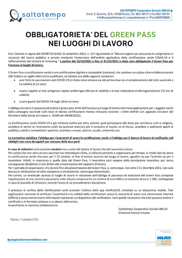 GREEN PASS OBBLIGATORIO | Dal 15 ottobre 2021